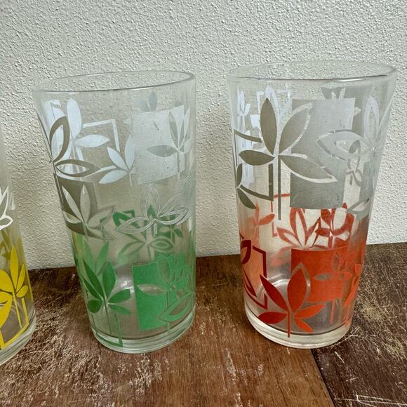 Set of‎ 3 MCM Vintage Two Tone floral print drinking glasses yellow green orange - Picture 8 of 8